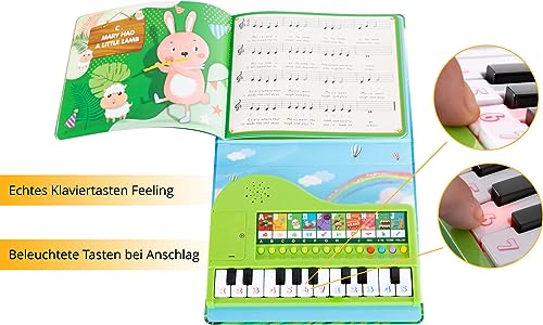 Libro de música FunKey con teclado iluminado para niños - Libro de música ilustrado con 10 canciones - Mini teclado con 20 teclas - 10 sonidos y 10 canciones con función de grabación y seguimiento