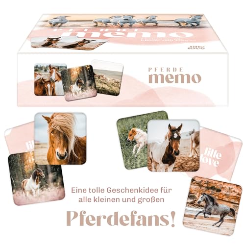 LILLE LØVE Juego de notas de caballos para niños – con 32 pares de cartas y hermosas imágenes de caballos – Memo Premium para toda la familia