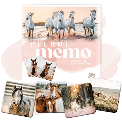 LILLE LØVE Juego de notas de caballos para niños – con 32 pares de cartas y hermosas imágenes de caballos – Memo Premium para toda la familia
