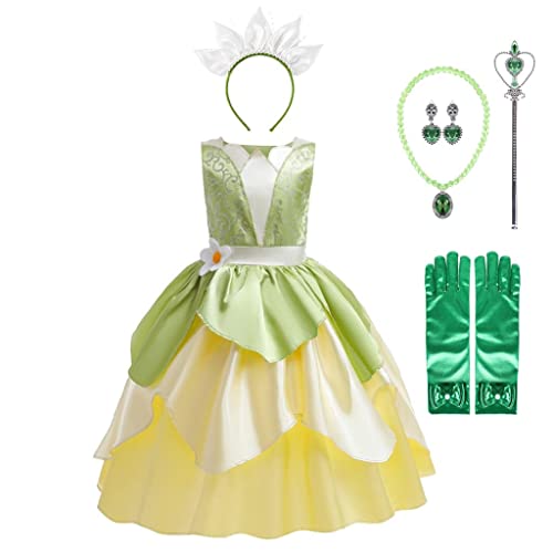 Lito Angels Disfraz Vestido de Princesa Tiana y el sapo con Accesorios para Niñas Talla 6-7 años, Verde