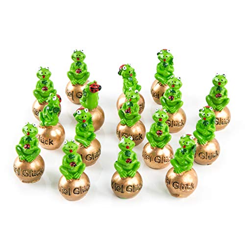 Logbuch-Verlag 16 ranas pequeñas de 5 cm en bola dorada mucha suerte, rey rana, amuleto de la suerte, talismán pequeño regalo de Año Nuevo, examen de comienzo de la escuela