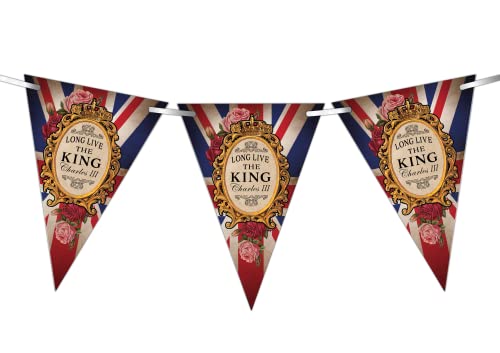 Long Live the King - Juego de 15 banderines triangulares con texto vintage de la Unión Jack – Su Majestad el Rey, coronación de ascenso real del 6 de mayo para decoración de pared o ventana