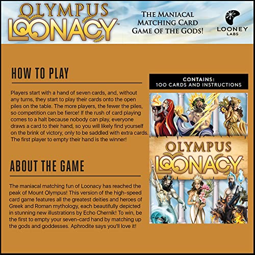 Looney Labs Olympus Loonacy Juego de cartas de mitología griega para la noche familiar, súper divertido, adultos, adolescentes, niños, familias de 2 a 5 jugadores de 5 años a 100 cartas de juego,