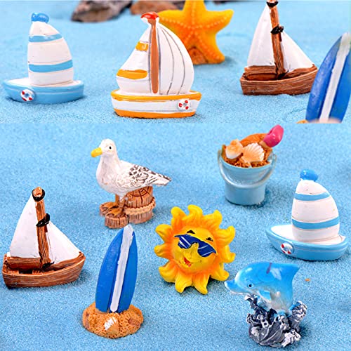 LTHERMELK Juego de 10 miniaturas de playa en miniatura, océano, decoración para hadas, jardín, sombrillas, barcos