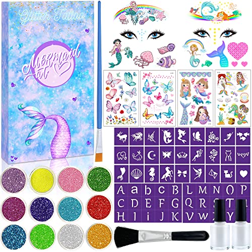 Lubibi Kit de Tatuajes Purpurina Temporales Glitter, 12 Colores 57 Plantillas,Sirena Mariposa, Regalos para Niños Adultos Fiesta Regalos