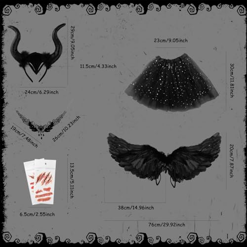 Luchild Disfraz de diablo para Halloween, juego de 5 ps, pluma negra gótica con cuernos malvados, disfraz de cuervo para Halloween, Navidad, Carnaval Fancy Dress Up