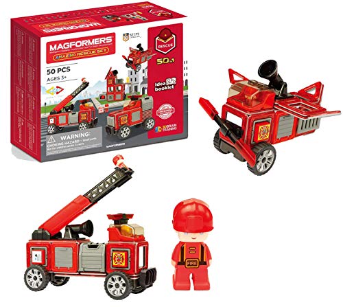 Magformers Fire Engine And Rescue Vehicle Set. Firefighters Magnetic Building Blocks Toy. Makes Over 50 Different Emergency Vehicles And Buildings. STEM Magnetic Tiles Toy For Children Aged Over 3.