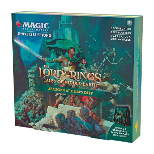 Magic: The Gathering The Lord of the Rings: Tales of Middle-earth Scene Box - Aragorn at Helm’s Deep (6 Scene Cards, 6 Art Cards, 3 Set Boosters + Display Easel)