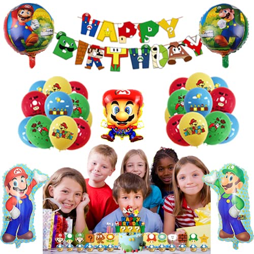 Mario Cumpleaños de Decoración para Fiestas: Super Brother Globos de Cumpleaños, Globos de Aluminio, Pancarta, Decoraciones para Pasteles y Más