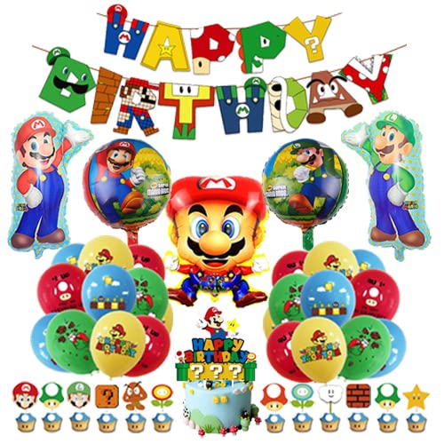 Mario Cumpleaños de Decoración para Fiestas: Super Brother Globos de Cumpleaños, Globos de Aluminio, Pancarta, Decoraciones para Pasteles y Más