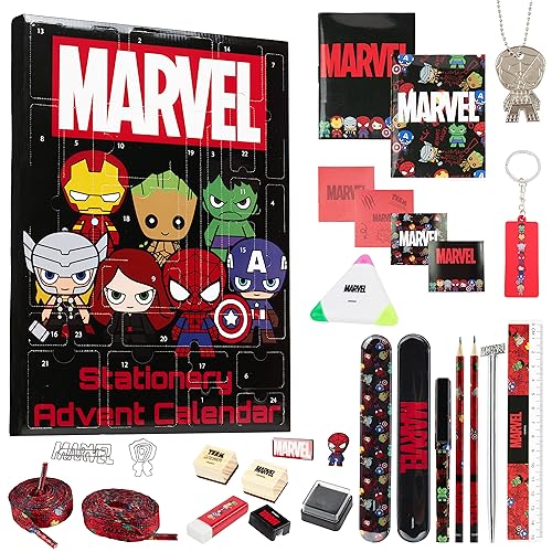 Marvel Calendario de Adviento 2023 Spider-Man Avengers Calendario Adviento para Niños con Accesorios y Material Escolar (Marvel Negro)