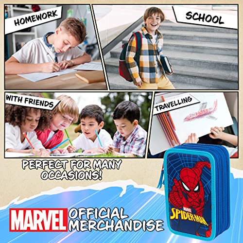Marvel Estuche Escolar con Artículos de Papelería - Estuche Escolar Niño con Material Escolar - Incluye Lápices para Colorear, Rotuladores de Colores y Más - Cosas de Marvel (Spiderman Triple Zip)