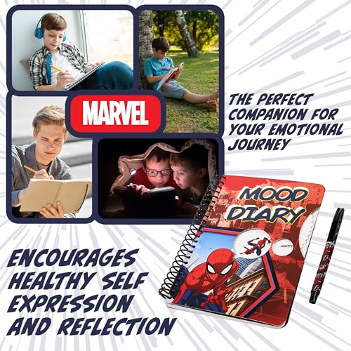 Marvel Spiderman Diario para Chicos Avengers - Agenda de Emociones con Pegatinas, Cuaderno y Bolígrafo - Set Material Escolar Spiderman - Regalos Navidad