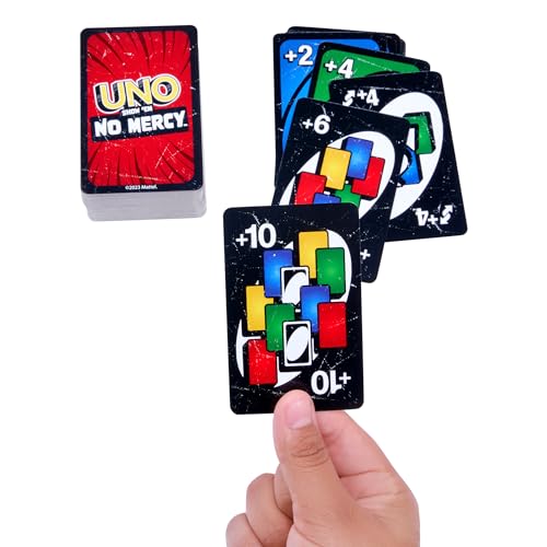 Mattel Games Juego de cartas UNO No Mercy Juego de mesa familiar con cartas nuevas, reglas especiales y penalizaciones más despiadadas, +7 años (HWV18)