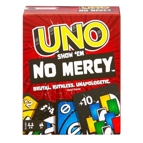 Mattel Games Juego de cartas UNO No Mercy Juego de mesa familiar con cartas nuevas, reglas especiales y penalizaciones más despiadadas, +7 años (HWV18)
