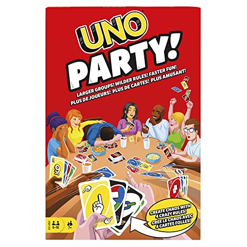 Mattel Games Juego de Cartas UNO Party! Juego de Mesa Familiar para Grupos Grandes, niños, niñas y Adultos +7 años (Mattel HMY49)