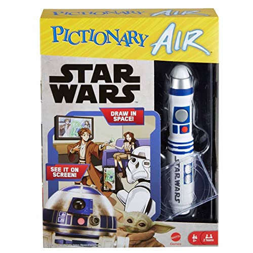 Mattel Games Pictionary Air Star Wars Juego de Dibujo Familiar, bolígrafo Ligero, 112 Tarjetas de Pista de Doble Cara, Soporte para teléfono Manos Libres, Regalo para niños de 8 años en adelante
