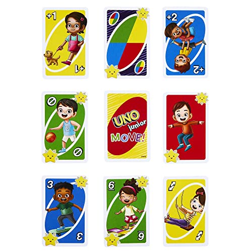 Mattel Games UNO Junior Move! Juego de cartas con tres niveles para jugar, juego de mesa +3 años (Mattel HNN03)