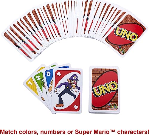 Mattel Games UNO Super Mario Juego de cartas, juego de viaje temático de videojuegos en lata de almacenamiento coleccionable con regla especial