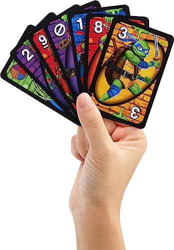 Mattel Games UNO Teenage Mutant Ninja Turtles Mutant Mayhem Juego de cartas para noche familiar, viajes y camping