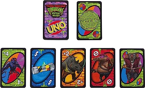 Mattel Games UNO Teenage Mutant Ninja Turtles Mutant Mayhem Juego de cartas para noche familiar, viajes y camping