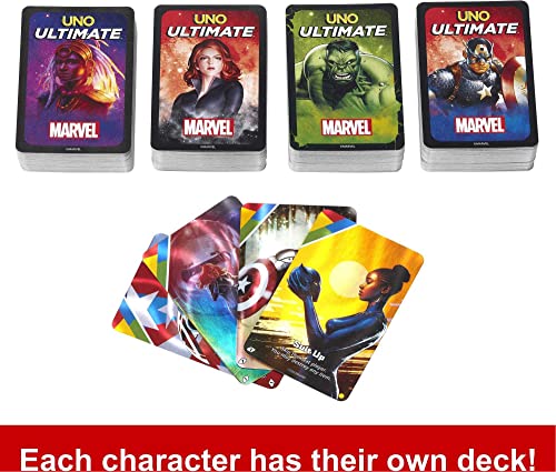 Mattel Games UNO Ultimate Marvel Juego de cartas con 4 barajas de personajes, 4 cartas coleccionables y reglas especiales, 2-4 jugadores, 2ª edición