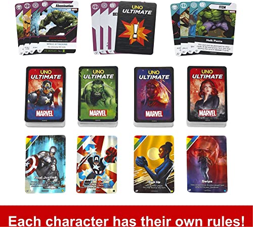 Mattel Games UNO Ultimate Marvel Juego de cartas con 4 barajas de personajes, 4 cartas coleccionables y reglas especiales, 2-4 jugadores, 2ª edición