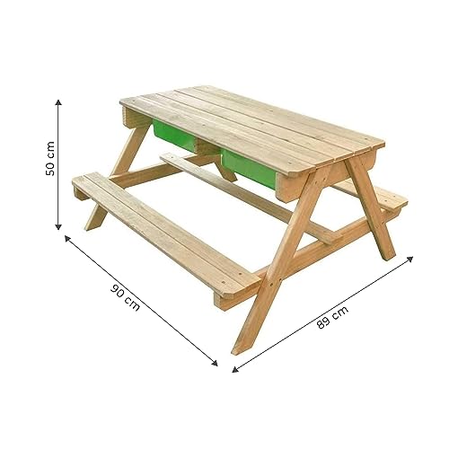 MaxxToys Mesa para jugar al agua y arena – Mesa de picnic de madera – 90 x 90 x 50 cm – Juego de asientos infantiles al aire libre – Muebles de jardín para niños – Mesa de agua para niños al aire