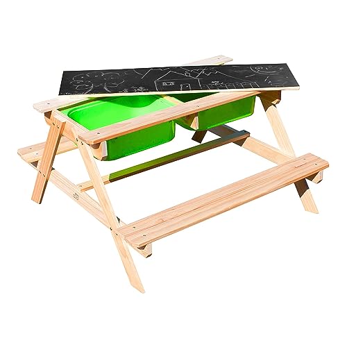 MaxxToys Mesa para jugar al agua y arena – Mesa de picnic de madera – 90 x 90 x 50 cm – Juego de asientos infantiles al aire libre – Muebles de jardín para niños – Mesa de agua para niños al aire