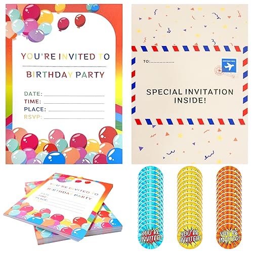 MEMOFYND 42 invitaciones de arco iris, 42 pegatinas, invitaciones de fiesta para niños y tarjetas de cumpleaños, diseños de sobres plegados para fiestas de cumpleaños de niños y niñas, fiesta rave
