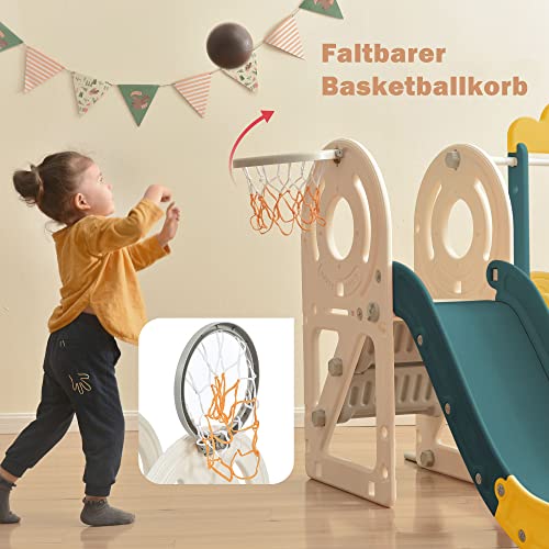 Merax Tobogán infantil 5 en 1, canasta de baloncesto, juego de autobús con tobogán y escalera de escalada para interior y exterior, patio trasero, diapositiva de jardín, fácil de colocar, verde y