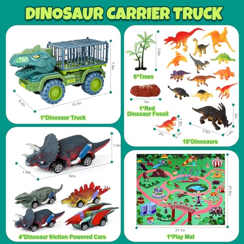 MewVeer Camión de Juguete Dinosaurio, Transportador de Autos con Forma de Tiranosaurio Rex con 15 Figuras de Dinosaurios, 4 Tanques de Dinosaurios, Tapete de Juego de Actividades, Huevos de Dinosaurio