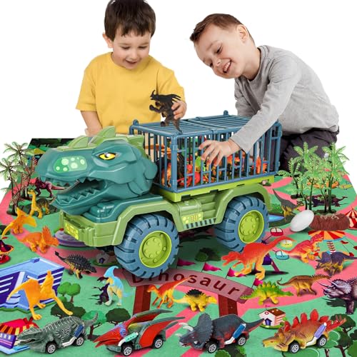 MewVeer Camión de Juguete Dinosaurio, Transportador de Autos con Forma de Tiranosaurio Rex con 15 Figuras de Dinosaurios, 4 Tanques de Dinosaurios, Tapete de Juego de Actividades, Huevos de Dinosaurio