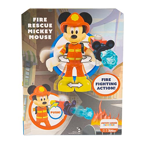 Mickey & Minnie - Figurita de Mickey Mouse Vestido de Bombero, articulada y Mide 15 cm, Contiene Accesorios de Juego como un Casco, una Mochila y una Manguera Que dispara Bolas de Agua (MCC20000)