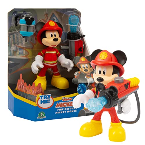 Mickey & Minnie - Figurita de Mickey Mouse Vestido de Bombero, articulada y Mide 15 cm, Contiene Accesorios de Juego como un Casco, una Mochila y una Manguera Que dispara Bolas de Agua (MCC20000)