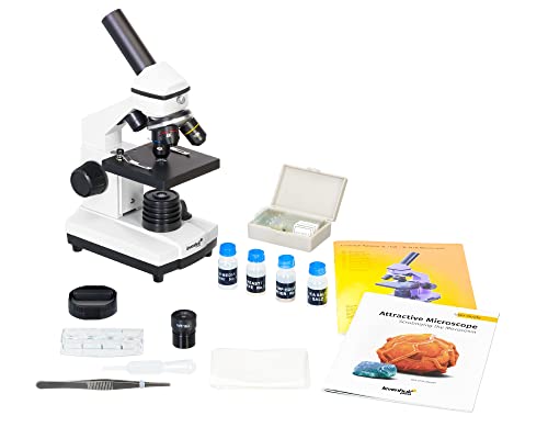Microscopio Escolar Metálico Levenhuk Rainbow 2L Plus Moonstone/Blanco (64–640x) con Kit de Experimentos para Uso en Interiores y Exteriores