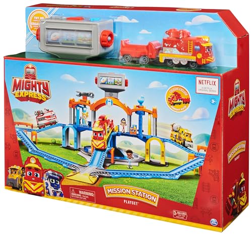 Mighty Express, Mission Station Juego con Tren de Juguete Exclusivo de Carcher Nick, Luces y Sonidos, Multicolor (Spin Master 6060201)
