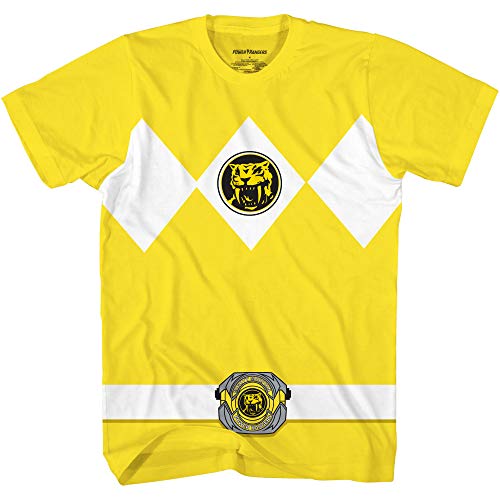 Mighty Morphin Power Rangers Red Blue Yellow Pink Green Black White Blue Costume T-Shirt (Yellow, Large)