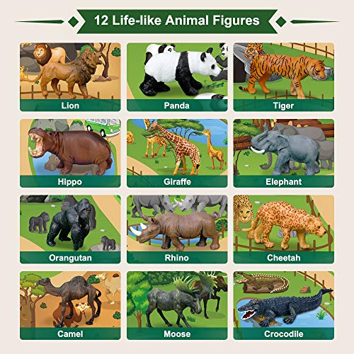 Mini Tudou 12 Piezas Safari Animales Figuras Juguetes con 145x98cm Grande Tapete Juego,Realista Jumbo Selva Salvaje Animales del Zoo con Elefante,Jirafa,León para Niños 3 4 5 6 Años