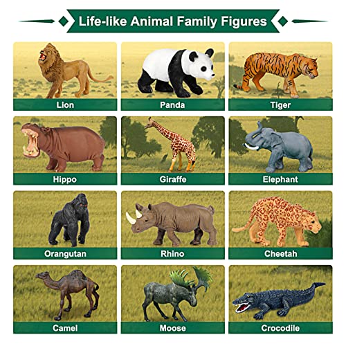 Mini Tudou Juguetes Animales Safari Figuras,12 Piezas Jumbo Salvaje Figuritas de Animales,Zoo Africano Juego de Animales con León,Elefante,Jirafa,Plástico Animales Juguetes Didácticos para Niños