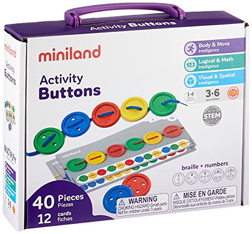 Miniland 31711 Tarro con 60 Piezas para encadenar [Importado de Alemania] + Activity Button-Botones para Coser, Multicolor (31791)