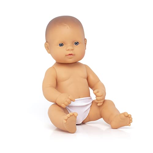 Miniland – Muñeco bebé Europeo Niño de Vinilo Suave de 32cm con rasgos étnicos y sexuado para el Aprendizaje de la Diversidad con Agradable Perfume. Colección de Diferentes etnias y sexo