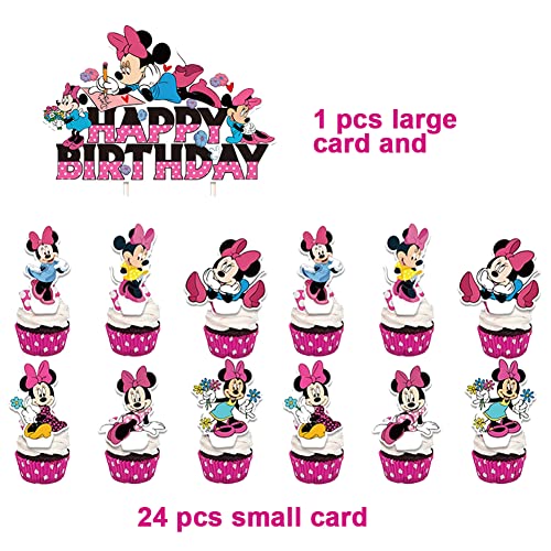 Minnie Cupcake Topper, 25PCS Minnie Decoración para Tarta Happy Birthday Toppers Decoración de Pastel Kit para Fiesta Niños y Niñas Cumpleaños con Temática de Minnie