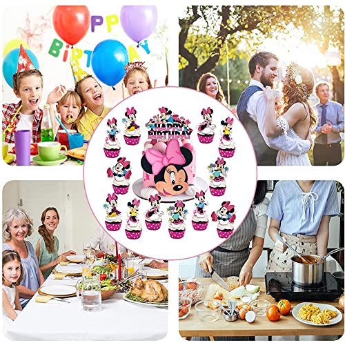Minnie Cupcake Topper, 25PCS Minnie Decoración para Tarta Happy Birthday Toppers Decoración de Pastel Kit para Fiesta Niños y Niñas Cumpleaños con Temática de Minnie