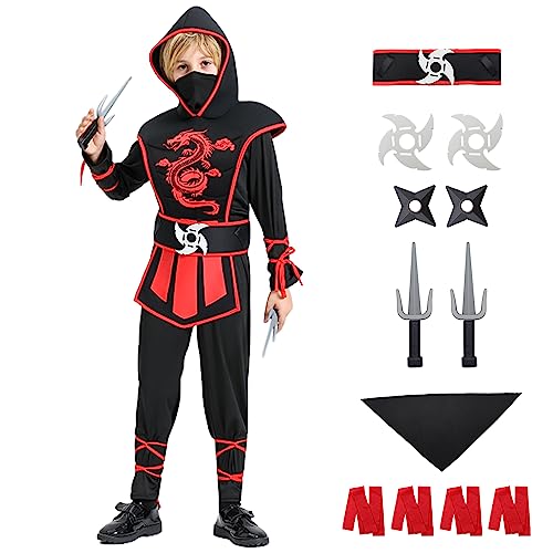 Mislaxy Disfraz de Ninja para Niños Juego de Traje de Ninja con Accesorios de Espuma Cosplay con Patrón de Dragón Musculoso para Niños Niñas Halloween Navidad Carnaval Regalo (120)