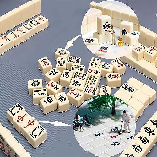 MIXBEL Mahjong, Juego De Mahjong De Viaje De 144 Piezas, Mahjong Portátil con Estuche De Cuero Antiguo E Instrucciones, Juego Familiar para Pasar El Tiempo Aburrido