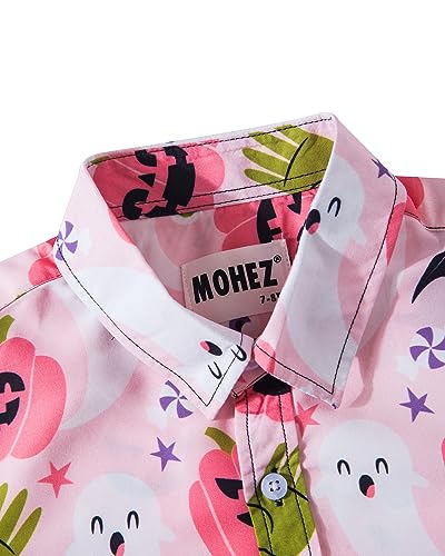 MOHEZ - Camisas de Halloween para niños con botones, divertido fantasma de calabaza, manga corta, camisa hawaiana para disfraz de fiesta para niños, Rosa02, 9-10 años