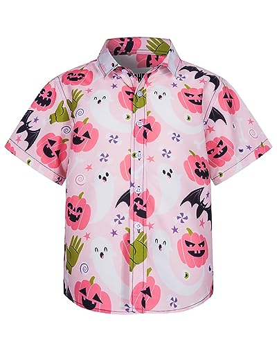 MOHEZ - Camisas de Halloween para niños con botones, divertido fantasma de calabaza, manga corta, camisa hawaiana para disfraz de fiesta para niños, Rosa02, 9-10 años