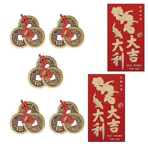 Moneda de la fortuna Moneda Feng Shui Moneda I Ching Moneda roja tradicional de la suerte y el éxito Fortuna (Bronce),5 PCS