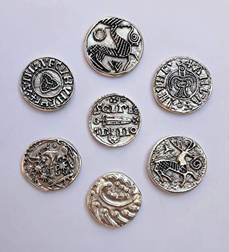 Monedas vikingas bañadas en Plata. Idea de Regalo Gadgets Original para los fanáticos de Vikings, Cosplay, Fantasy. Set 7 reproducciones Tesoro de los Vikingos
